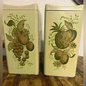 Vtg Avocado Green '1970’s Metal Canister Set of 2 Fruit Plastic Lid Ransburg
